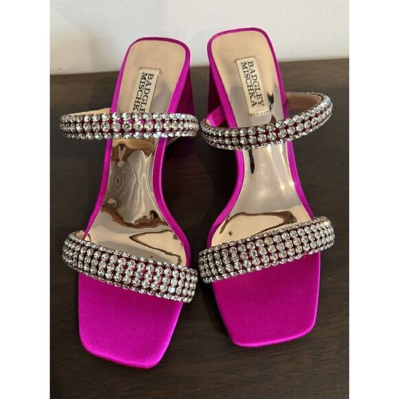 Badgley Mischka Women's Frankie Jeweled Band Heels Sandals 7.5 Fuchsia Satin - Picture 2 of 8